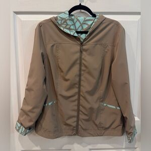 Peck and Peck Reversible Hooded Jacket Women’s Size Large Pockets Tan/Aqua